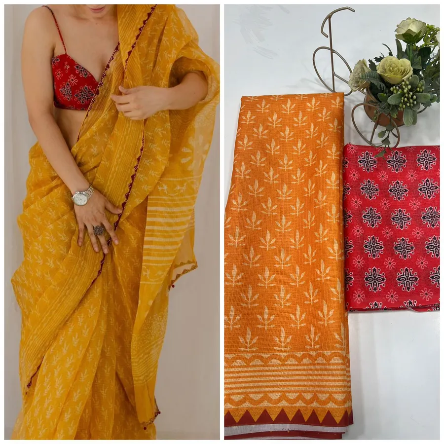 Soft Munga Kota Cotton Checks Saree with Beautiful Prints & Contrast Blouse